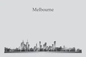 Melbourne Prints: Melbourne city skyline silhouette in a grayscale vector illustration