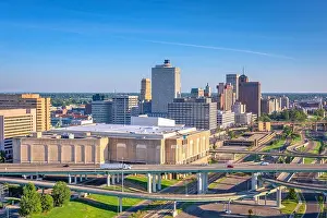 Memphis, Tennessee, USA downtown city skyline over highways at dusk