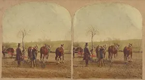 Rural Life Prints: Two men in field with an agricultural machine hooked up to a team of horses, about 1865
