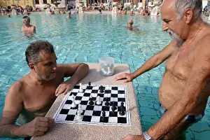 Baths Prints: Men playing chess at Szechenyi thermal baths in Budapest Hungary
