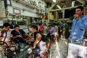 Chai Prints: Men smoke qalyan and drink tea in coffeeshop, Tehran, Iran