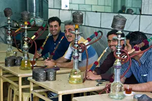Iranian Prints: Men Smoking Hookahs in a Teashop in Tehran Iran