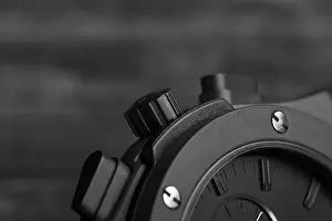 Timer Prints: Mens watch, black wrist watch close-up. Clockwork mechanism. The best accessories for men