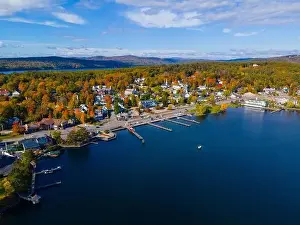 Meredith town center with fall foliage aerial view in fall with Meredith Bay in Lake Winnipesaukee