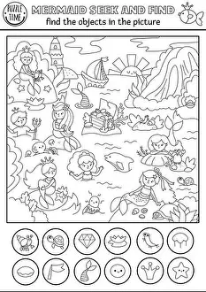 Starfish Prints: Mermaid vector black and white searching game with sea lagoon landscape