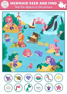 Starfish Prints: Mermaid vector searching game with sea lagoon landscape