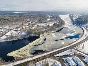 Merrimack Prints: Merrimack River aerial view in winter in town center of Tyngsborough