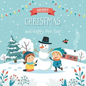 Holiday House Prints: Merry christmas greeting card with children making snowman and text
