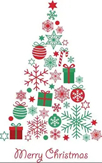 Bauble Prints: Merry Christmas greeting card with cute triangle christmas tree made from red green gifts