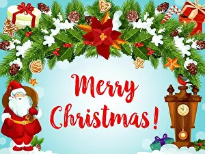 Gingerbread Prints: Merry Christmas Santa greeting card design template of gifts on Xmas tree decoration ornament and New Year clock