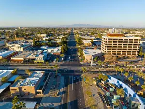 Building House Prints: Mesa city center aerial view on Center Street at Main Street at sunset