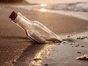 Salvation Prints: Message in the bottle washed ashore against the Sun setting down