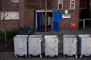 Housing Estate Prints: Metal rubbish bins on wheels, housing estate, London