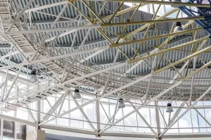 Spider Prints: Metal tubes ceiling in big office building