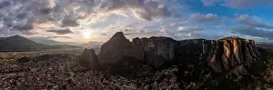 Thessaly Prints: Meteora Greece panorama. Sunset and cloudy sky over Kalabaka town and valley