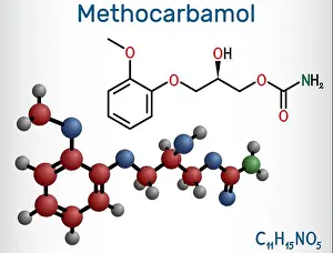 Tablets Prints: Methocarbamol drug molecule. It is used for short-term musculoskeletal pain