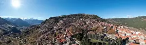 Metsovo Epirus Greece. Aerial panoramic drone view of traditional village on Pindus mountain