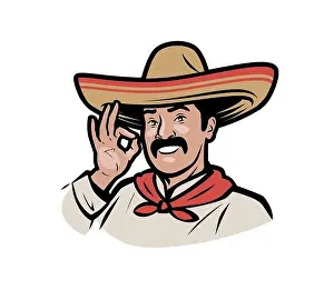 Mariachi Prints: Mexican man in sombrero logo. Cartoon vector illustration