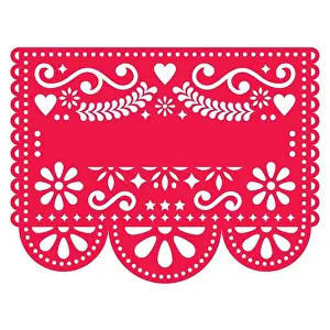 Folk Art Prints: Mexican Papel Picado vector template design - traditional red vector pattern with blank text