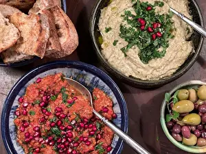 Dips Prints: Mezze Platter with Muhammara, Hummus, Baba Ganoush, feta cheese and Olives