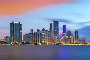 Miami, Florida, USA downtown city skyline on Biscayne Bay at twilight