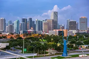 Biscayne Bay Prints: Miami, Florida, USA downtown city skyline at twilight
