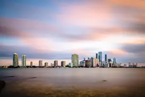 Miami, Florida, USA downtown skyline on Biscayne Bay in early evening