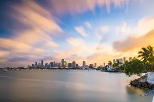 Miami, Florida, USA downtown skyline from across the Biscayne Bay at twilight