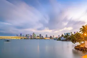 Miami, Florida, USA downtown skyline from across the Biscayne Bay at twilight