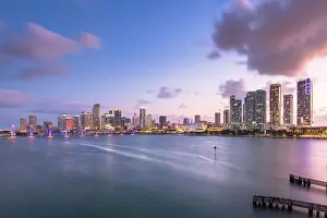 Miami, Florida, USA downtown skyline from across the Biscayne Bay at twilight