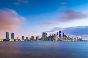 Miami, Florida, USA downtown skyline from across the Biscayne Bay at twilight