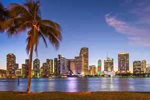 Miami, Florida, USA downtown skyline from across the Biscayne Bay at twilight