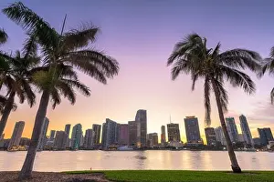 Miami, Florida, USA downtown skyline from across the Biscayne Bay at twilight