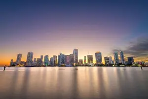 Miami, Florida, USA downtown skyline from across the Biscayne Bay at twilight