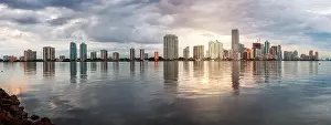 Miami, Florida, USA downtown skyline from across the Biscayne Bay at twilight