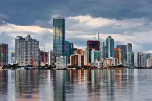 Miami, Florida, USA downtown skyline from across the Biscayne Bay at twilight