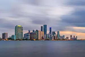 Miami, Florida, USA downtown skyline from across the Biscayne Bay at twilight