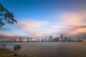 Miami, Florida, USA downtown skyline from across the Biscayne Bay at twilight
