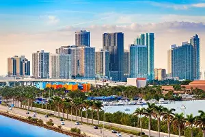 Biscayne Prints: Miami, Florida, USA downtown skyline over MacAurther Causeway in the afternoon
