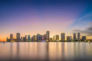 Miami, Florida, USA skyline on Bisayne Bay at dusk