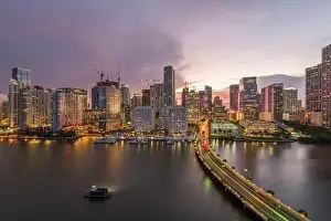 Miami, Florida, USA skyline over Biscayne Bay at dusk