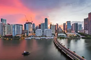 Miami, Florida, USA skyline over Biscayne Bay at dusk