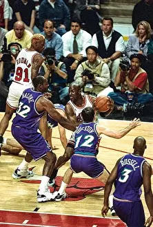 African American Prints: Michael Jordan competing against Karl Malone and John Stockton of the Utah Jazz during the 1997 NBA Finals