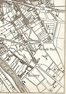 Equator Prints: A mid 19th century antique map in sepia showing a region of the city of Paris, France