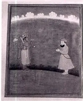 Punjab Prints: A mid-19th century painting showing Guru Nanak saluting the Hindu deity Vishnu