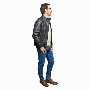 Leather Jacket Prints: Middle age handsome man wearing sunglasses and black leather jacket looking to side
