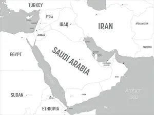 Middle East map - white lands and grey water
