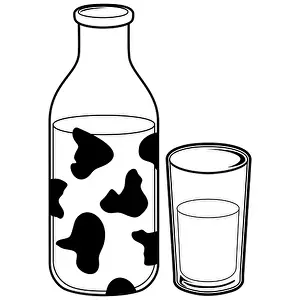Outlined Prints: Milk bottle and glass of milk. Black and white coloring page