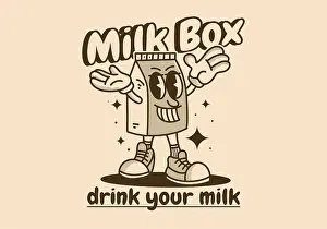 Milkshake Prints: Milk box mascot character design with smiling face in vintage color
