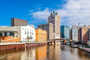 Milwaukee Prints: Milwaukee, Wisconsin, USA downtown skyline on the Milwaukee River in the daytime